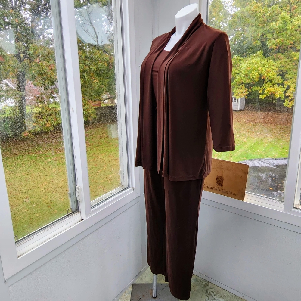 Slinky Brand 3 Piece Stretch Knit Brown Cardigan , Shell , Pants Sets